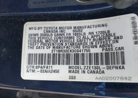 2003 Toyota Corolla Le from USA, damaged, VIN 2T1BR32EX3C041755